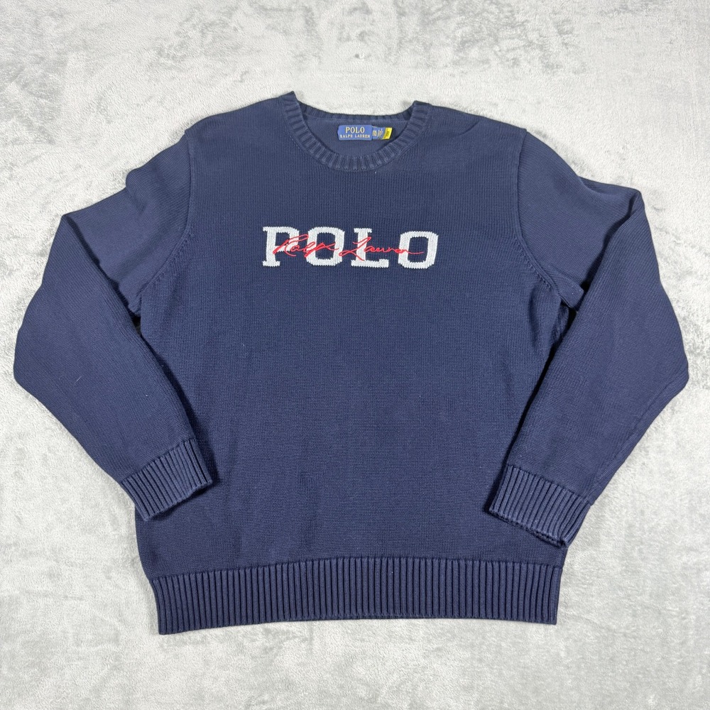 Polo Ralph Lauren Mens XXL Navy Blue Cotton Knit Crewneck Graphic Logo Sweater